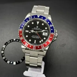 ROLEX GMT-MASTER II 16710 PEPSI BLACK BEZEL STEEL F SERIAL NO HOLES 40MM WATCH