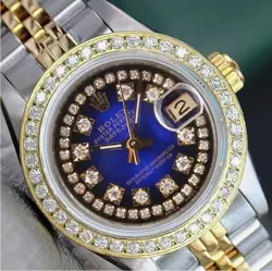 ROLEX DATEJUST LADIES TWOTONE GOLD STEEL BLUE VIGNETTE STRING DIAMOND DIAL WATCH