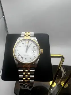 ROLEX DATEJUST 16013 18K TWO TONE FACTORY WHITE BUCKLEY DIAL 36MM WRISTWATCH