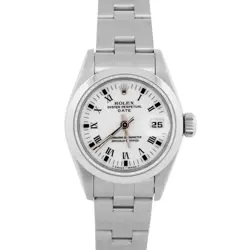 Ladies Rolex Date 26mm White Stainless Steel Oyster Roman Automatic Watch 69160