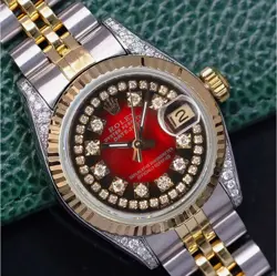 ROLEX DATEJUST LADIES TWOTONE GOLD STEEL STRING RED VIGNETTE DIAL JUBILEE WATCH