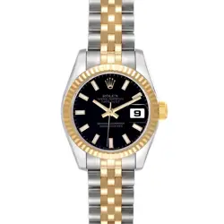 ROLEX DATEJUST STEEL YELLOW GOLD BLACK DIAL LADIES WATCH 179173 BOX PAPERS