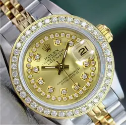 ROLEX DATEJUST LADIES TWO-TONE GOLD STEEL CHAMPAGNE STRING DIAMOND DIAL WATCH