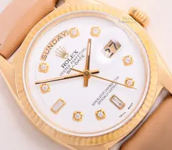 ROLEX MEN'S DAY-DATE 36MM PRESIDENT 18K GOLD -WHITE BAGUETTE DIAMOND ON LEATHER