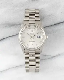 ROLEX DAYDATE 18K WHITE GOLD 90S REF 18239 SILVER DIAMOND DIAL 36MM CASE