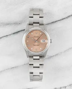 ROLEX OYSTER PERPETUAL DATE REF 15200 90S SALMON ARABIC DIAL 34MM CASE