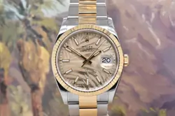 ROLEX DATEJUST 36 18K YELLOW GOLD TWO TONE CHAMPAGNE PALM DIAL 126233 WATCH