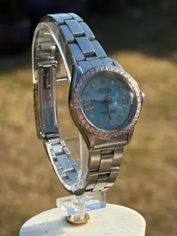 ROLEX OP DATE 26MM WATCH_DIAMOND_TIFFANY BLUE DIAL_BEZEL_OYSTER_SERVICED_BOX SET