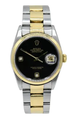 ROLEX 18K TWO TONE BLACK ONYX DATEJUST 116203 SMOOTH BEZEL WATCH