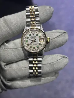 ROLEX DATEJUST WOMEN'S TWOTONE WATCH WHITE MOP DIAMOND-EMERALD  26MM