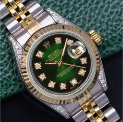 ROLEX DATEJUST LADIES TWOTONE GOLD STEEL GREEN VIGNETTE DIAL REAL DIAMONDS WATCH