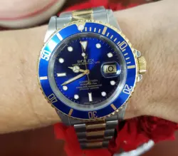40MM ROLEX SUBMARINER TWO TONE 18/SS CHRONOMETER OYSTER BLUE DIAL BEZEL 16613