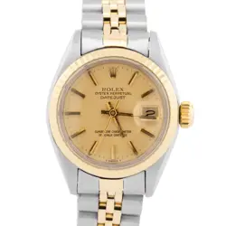 ROLEX DATE 26MM CHAMPAGNE 18K YELLOW GOLD STAINLESS FLUTED JUBILEE 6917 WATCH