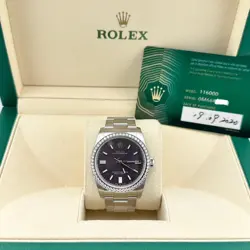 ROLEX OYSTER PERPETUAL 116000 36MM GRAPE DIAL DIAMOND BEZEL STEEL BOX PAPER