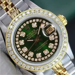 ROLEX DATEJUST LADIES TWO-TONE GOLD STEEL GREEN STRING DIAMOND DIAL &BEZEL WATCH