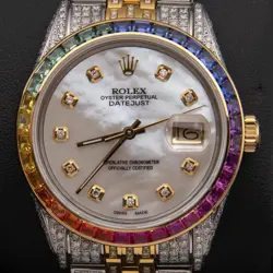 ROLEX DATEJUST 16013 RAINBOW BEZEL FULL DIAMOND WATCH 36MM MOP DIAL, 9.85CT