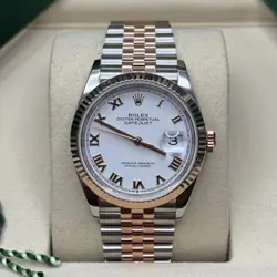 ROLEX DATEJUST 36 NEW 2025 WHITE ROMAN EVEROSE TWO-TONE FLUTED BEZEL JUBILEE