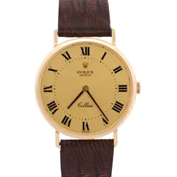 ROLEX CELLINI CHAMPAGNE ROMAN 18K YELLOW GOLD MANUAL BROWN LEATHER 32MM 4112