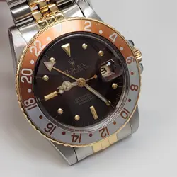 ROLEX GMT MASTER ROOTBEER NIPPLE DIAL 40 MM SS 18K YELLOW GOLD WATCH 16753 1984