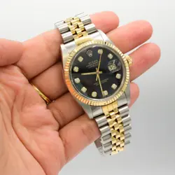ORIGINAL W/ PAPERS 36MM ROLEX DATEJUST 18K GOLD JUBILEE BLACK DIAL FLUTED WATCH