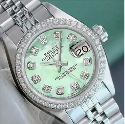 ROLEX LADIES DATEJUST WATCH STAINLESS STEEL GREEN MOP DIAMOND DIAL & BEZEL 26MM
