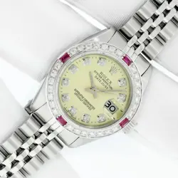 ROLEX LADIES DATEJUST STAINLESS STEEL YELLOW DIAMOND DIAL - DIAMOND RUBY WATCH