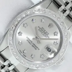 ROLEX LADIES DATEJUST STAINLESS STEEL WATCH,  SILVER DIAMOND DIAL, DIAMOND BEZEL