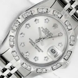 ROLEX LADIES DATEJUST STAINLESS STEEL WATCH,  SILVER DIAMOND DIAL, PYRAMID BEZEL