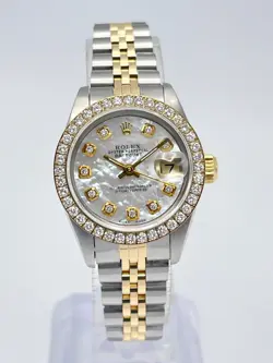 ROLEX DATEJUST 26MM 69173 PEARL MOP DIAMOND DIAL DIAMOND BEZEL TWO TONE PAPERS