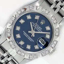 ROLEX LADIES DATEJUST WATCH STAINLESS STEEL BLUE DIAMOND DIAL, PYRAMID BEZEL