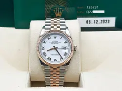 ROLEX DATEJUST 126231 WHITE ROMAN DIAL 18K ROSE GOLD STAINLESS STEEL BOX PAPER