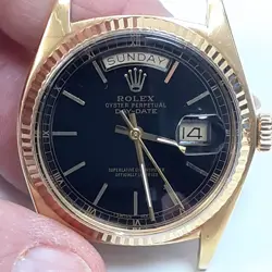 ROLEX DAY-DATE PRESIDENT 36 MM BLACK DIAL 18K YELLOW GOLD GLOSSY GILT WATCH 1803