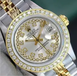 ROLEX DATEJUST LADIES TWOTONE GOLD STEEL SILVER STRING DIAMOND DIAL &BEZEL WATCH
