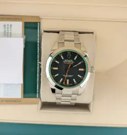 2014 ROLEX MILGAUSS 116400GV GREEN CRYSTAL BLACK DIAL SS OYSTER WITH PAPERS 40MM