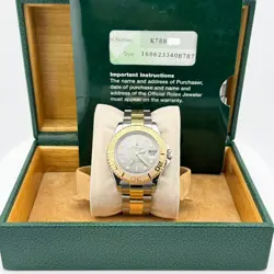 MIDSIZE ROLEX YACHT-MASTER 168623 SILVER DIAL 18K GOLD STAINLESS BOX PAPER 35MM