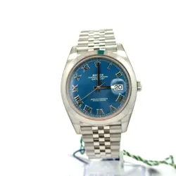 ROLEX DATEJUST 126300 BLUE ROMAN DIAL SMOOTH BEZEL 41MM STAINLESS STEEL WATCH