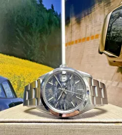 MENS ROLEX OYSTER PERPETUAL DATE STAINLESS STEEL TROPICAL BLUE DIAL 34MM WATCH