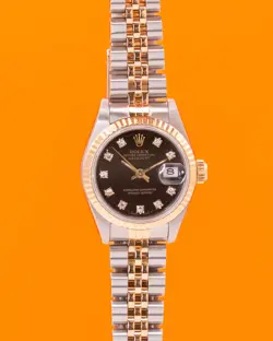 ROLEX DATEJUST 26MM TWO TONE YELLOW GOLD BLACK DIAMOND DIAL 1986