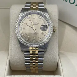 ROLEX DATEJUST 36MM GOLD HOUNDSTOOTH DIAMOND DIAL 2-TONE JUBILEE REF: 16013