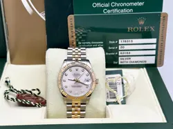 ROLEX DATEJUST MIDSIZE 178313 DIAMOND DIAL BEZEL 18K GOLD STEEL BOX PAPER 31MM