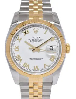 ROLEX DATEJUST 18K YELLOW GOLD/STEEL WHITE ROMAN DIAL 36MM JUBILEE WATCH 116233