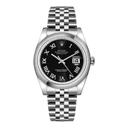 Men's Rolex 36mm DateJust Steel Watch with Sunbeam Roman Numeral Black Dial.