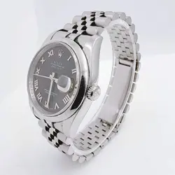 Men's Rolex 36mm DateJust Steel Watch with Sunbeam Roman Numeral Black Dial.