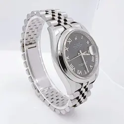Men's Rolex 36mm DateJust Steel Watch with Sunbeam Roman Numeral Black Dial.