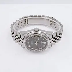 Men's Rolex 36mm DateJust Steel Watch with Sunbeam Roman Numeral Black Dial.