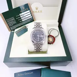 Men's Rolex 36mm DateJust Steel Watch with Sunbeam Roman Numeral Black Dial.