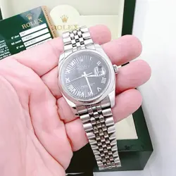 Men's Rolex 36mm DateJust Steel Watch with Sunbeam Roman Numeral Black Dial.