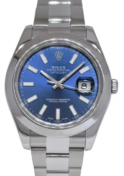 ROLEX DATEJUST II STEEL BLUE INDEX DIAL MENS 41MM WATCH 116300