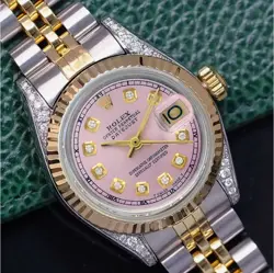 ROLEX DATEJUST WOMENS TWO-TONE GOLD STAINLESS STEEL PINK DIAL DIAMOND LUGS WATCH