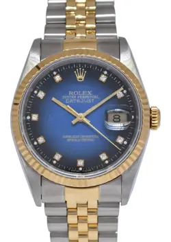 ROLEX DATEJUST 18K YELLOW GOLD/STEEL BLUE VIGNETTE DIAMOND 36MM WATCH C 16233